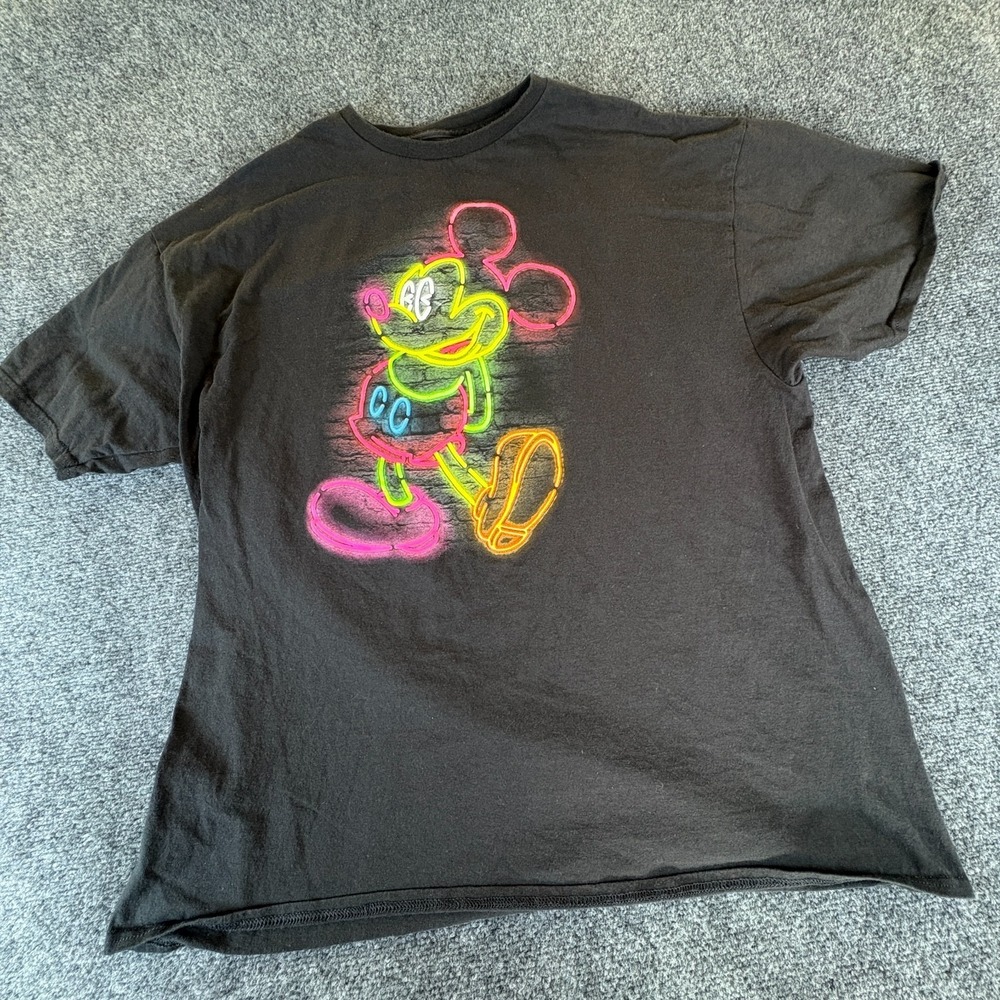 Disney Mickey Mouse T-Shirt Mens 2XL Black Multi Neon Graphic Cotton‎ Casual